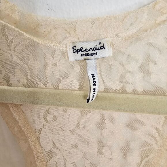 Splendid Cream Sheer Floral Lace Scoop Neck Breast Pocket Racerback Tank Medium - Picture 3 of 7